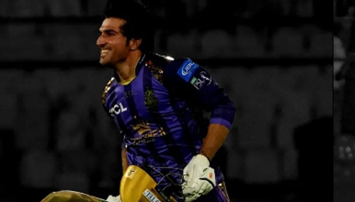 This image released on March 10, 2024, shows the  Quetta Gladiators Mohammad Wasim celebrating during the PSL match against Lahore Qalandar at Karachis National Stadium. — Facebook/Quetta Gladiators