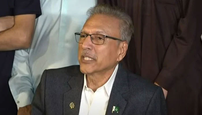 Former president Arif Alvi speaks to journalists in Karachi on March 10, 2024, in this screengrab taken from a video. — Geo News