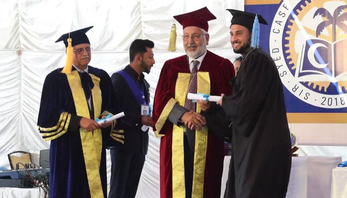 Dr. Mukhtar Ahmed, chairman of the Higher Education Commission (HEC) as the chief guest distributes degree this image released on March 9, 2024. — Facebook/CASE