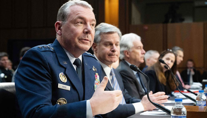 Director of the Defense Intelligence Agency Lieutenant General Jeffrey Kruse (1st left), FBI Director Christopher Wray (2nd left) along with other officials testify during a Senate Select Committee on March 11, 2024. — AFP