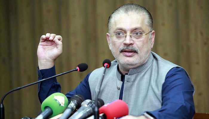 Sindh Minister for Transport PPP Sharjeel Inam Memon addresses to media persons during a press conference, at Bilawal House in Karachi on February 16, 2024. — PPI