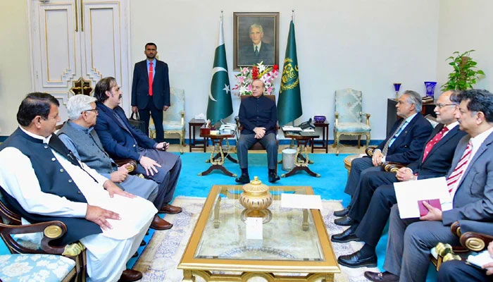 KP Chief Minister Ali Amin Gandapur (3rd left) calls on Prime Minister Shehbaz Sharif (centre)  in Islamabad on March 13, 2024. — PID