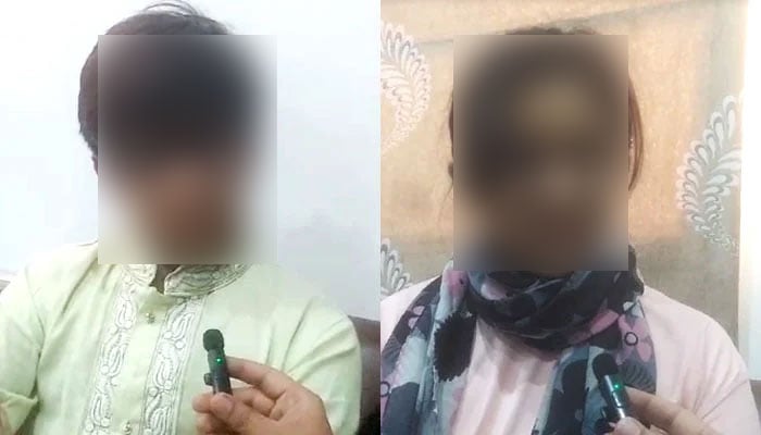 Missing siblings Ayan (left) and Anabiya speak to Geo News after returning home in these still taken from a video on March 13, 2024. — Geo News