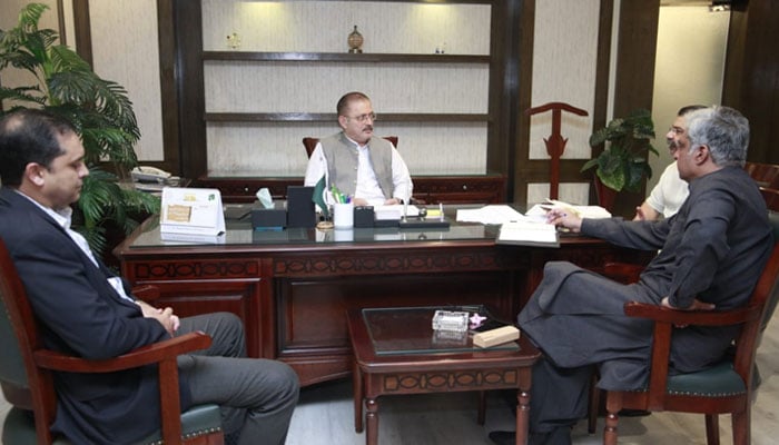 Sindh’s Senior Minister and Minister for Transport, Mass Transit, and Excise & Taxation Sharjeel Inam Memon during a meeting along with other officials at his office on March 13, 2024. — Facebook/Sharjeel Inam Memon