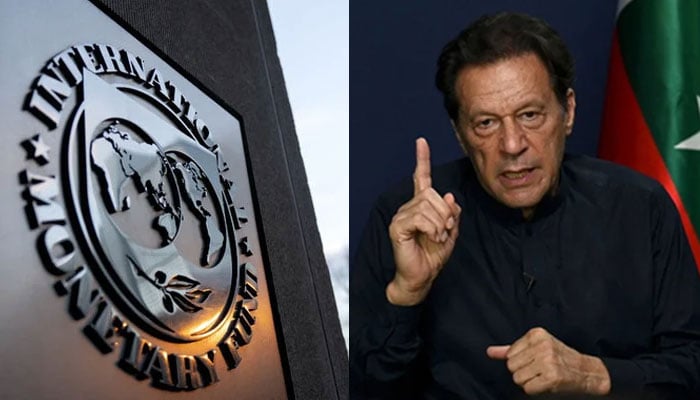 The seal for the International Monetary Fund is seen in Washington, DC (left) and former Pakistans Prime Minister Imran Khan gestures as he speaks during an interview in Lahore. —AFP/File