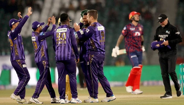 Quetta Gladiators players celebrated the wicket during the Pakistan Super League (PSL 9) Twenty20 cricket match between Islamabad United and Quetta Gladiators at the Gaddafi Cricket Stadium on February 22, 2024. — APP