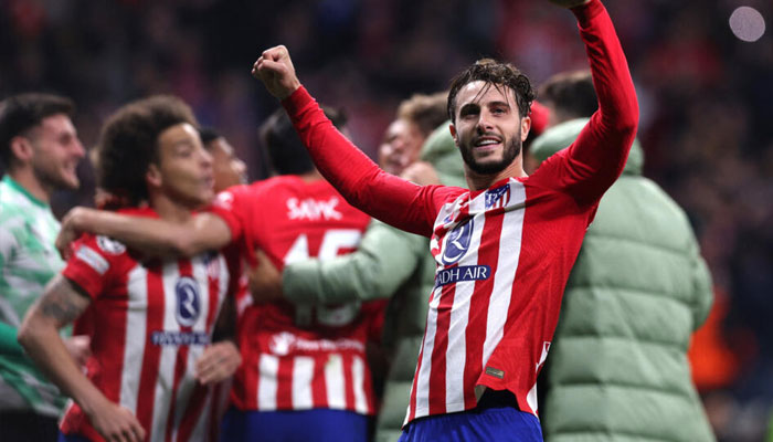 Atletico Madrids Mario Hermoso celebrates after a Champions League match against Inter Milan at Metropolitano stadium, Madrid, Spain on March 13, 2024.—AFP