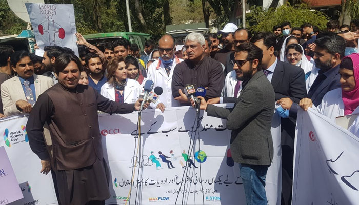 Punjab Minister for Specialised Healthcare and Medical Education Khawaja Salman Rafiq addresses media persons during the two awareness walks organised on the occasion of World Kidney Day at Allama Iqbal Medical College on March 14, 2024. — Facebook/Allama Iqbal Medical College TODAY