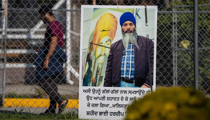 A memorial for Hardeep Singh Nijjar at the Guru Nanak Sikh Gurdwara temple in Surrey, British Columbia, Canada, on September 22, 2023. — EPA
