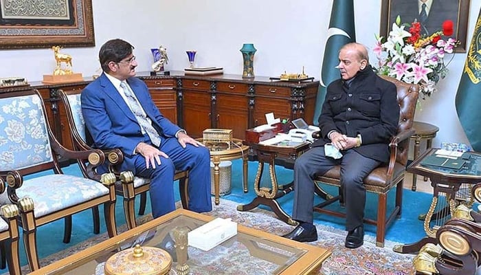Sindh Chief Minister Syed Murad Ali Shah (left) calls on Prime Minister Muhammad Shehbaz Sharif. — APP/File