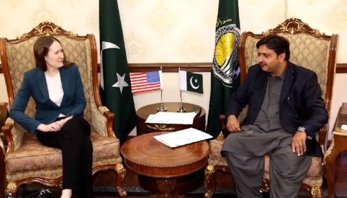This screengrab taken from a video released on March 15, 2024, shows the meeting between American Consul General Ms Kristin K Hawkins and Punjab Assembly Speaker, Malik Muhammad Ahmed Khan in the Speakers Chamber. — Facebook/Malik Muhammad Ahmad Khan