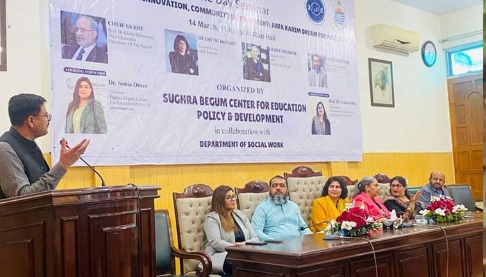 The image released on Mar 14, 2024 shows a seminar on ‘Education, Social Innovation and Social Development: Arfa Karims Dream’ being  held under Punjab University Department of Social Work, Sughra Begum Centre for Education Policy and Development in collaboration with Arfa Karim Foundation. — Facebook/DSA Punjab University -Pakistan