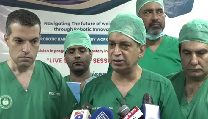 This screengrab taken from a video released on March 13, 2024, shows the Doctors talking with the media at Karachi’s Jinnah Hospital. — Geo News Live