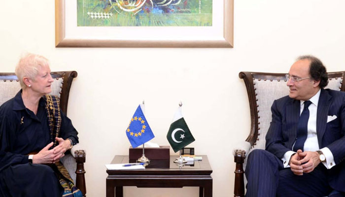 Federal Minister for Finance and Revenue, Muhammad Aurangzeb exchanging views with Dr. Riina Kionka, Ambassador of the European Union (EU) during meeting held at Finance Division in Islamabad on March 15, 2024. — PPI