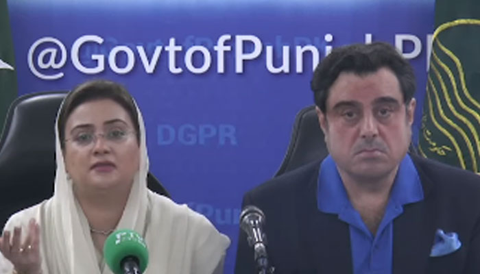 This still shows Information Minister Azma Bukhari and Food Minister Bilal Yasin speaks during a joint press conference at DGPR Head Office on March 16, 2024. — Facebook/
