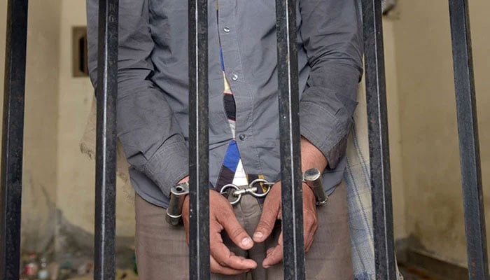 The picture shows a person handcuffed and standing behind bars. — AFP/File