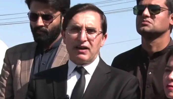 PTI Chairman Barrister Gohar Ali Khan addresses the press conference outside Adiala Jail, Rawalpindi, on March 16, 2024, in this still taken from a video. — Geo News