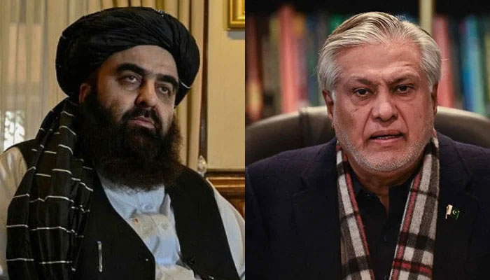 Foreign Minister Ishaq Dar (right) and his Afghan counterpart Amir Khan Muttaqi. — AFP/File