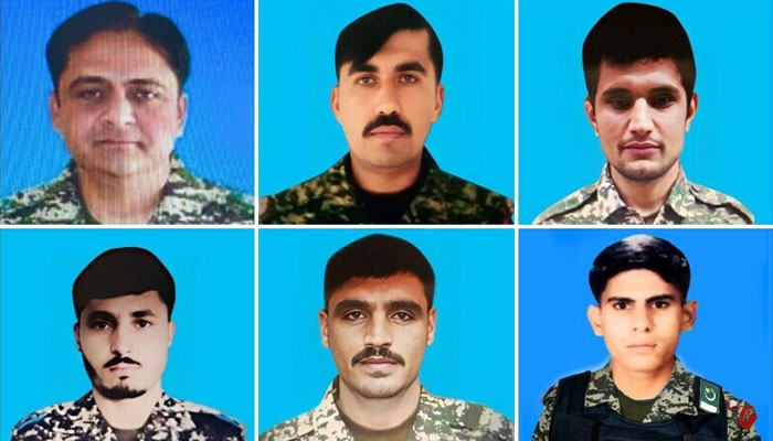 (From left to right) This image shows martyred soldiers including Lt Col Kashif Ali, NK Khurshid, Sep Raja, Hav Sabir, Sep Sajjad and Captain Ahmed Babar. — ISPR/File