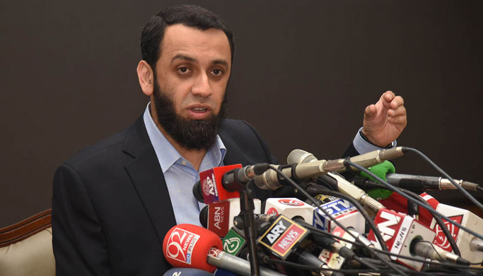 Federal Minister for Information and Broadcasting, Attaullah Tarar addressing a press conference at 180 h Model Town on March 17, 2024. — APP
