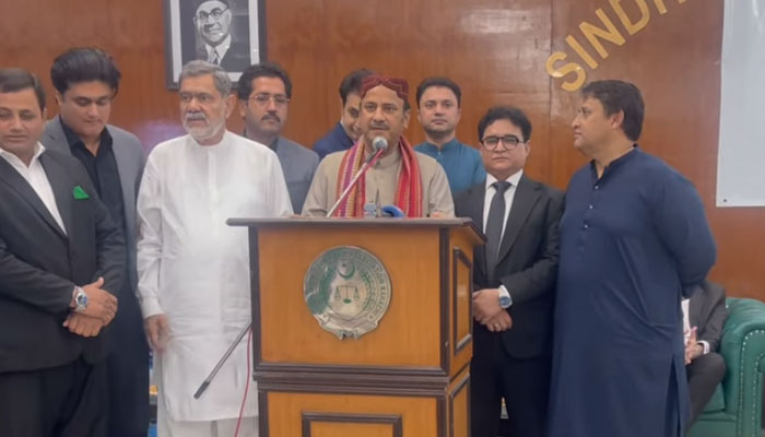 Newly appointed Sindh home, law and parliamentary affairs minister, Ziaul Hassan Lanjar addresses an event on March 16, 2024. — Facebook/Shahub Din Mallah