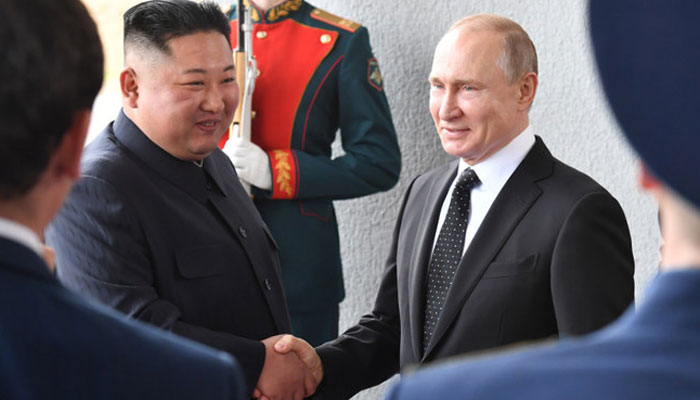 Russian President Vladimir Putin welcoming North Korean leader Kim Jong Un. — AFP/File