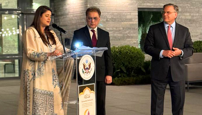 Chairperson of the Child Protection Bureau Punjab Sarah Ahmad addresses an event and  US Ambassador Donald A. Blome can be seen in this image, released on March 18, 2024. — Facebook/Child Protection and Welfare Bureau