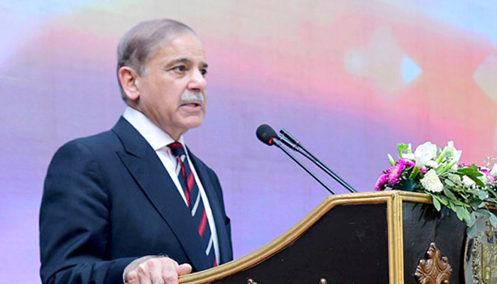 Prime Minister Muhammad Shehbaz Sharif addresses an event on March 8, 2024. — APP
