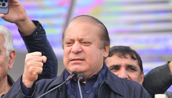 In this file photo, PML-N supremo Nawaz Sharif gestures as he addresses a crown of party workers. — Facebook/Nawaz Sharif/File