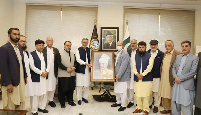 A delegation of the Pakhtun Community Association of Pakistani Canadians meets with Khyber Pakhtunkhwa Assembly Speaker Babar Salim Swat along with provincial ministers in this image released on March 18, 2024. — Facebook/Babar Saleem Swati