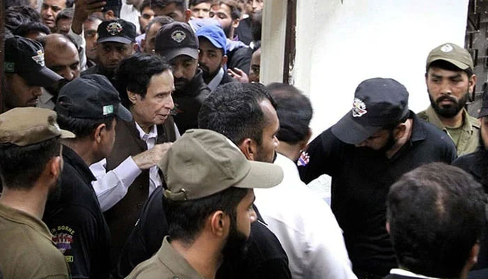 Former Punjab chief minister Chaudhry Parvez Elahi leaves court after a case hearing at District Court in Lahore. — PPI/File