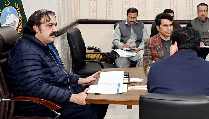 Chief Minister Khyber Pakhtunkhwa All Amin Khan Gandapur chairing a meeting on March 14, 2024. — NNI