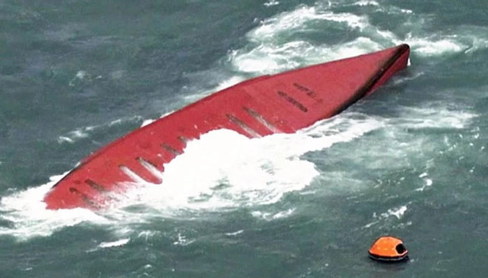 A South Korean-flagged tanker that capsized off Shimonoseki, Yamaguchi Prefecture, is seen on March 20, 2024. — NNN/TheJapanNews/File