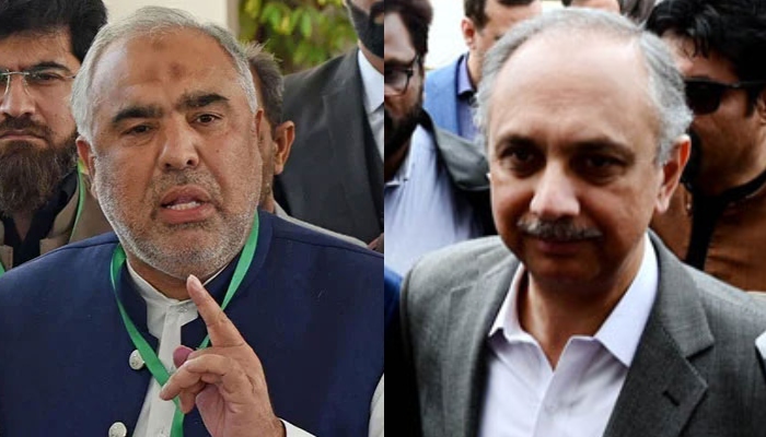 Former National Assembly speaker and senior PTI leader Asad Qaiser (left) and PTI-SICs designate opposition leader Omar Ayub Khan. — Online/APP/File