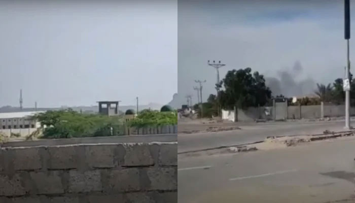 Smoke rises after firing, and explosions following outlawed BLA attack on the Gwadar Port Authority (GPA) Complex in these stills taken from a video. — Geo News/File