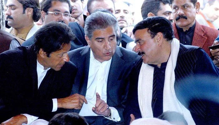 Former prime minister of Pakistan Imran Khan (left), can be seen along with PTI leader Shah Mahmood Qureshi (centre) and Awami Muslim League (AML) head Sheikh Rashid Ahmed. — X/@ShkhRasheed/File