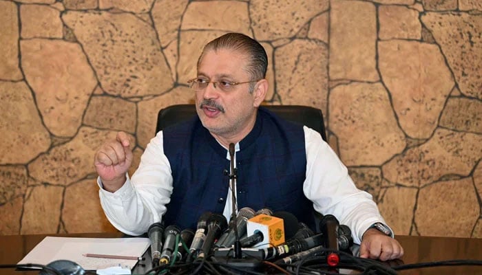 Pakistan Peoples Party leader and Senior Sindh Minister Sharjeel Inam Memon addresses media persons during a press conference in Karachi on, March 18, 2024. — PPI
