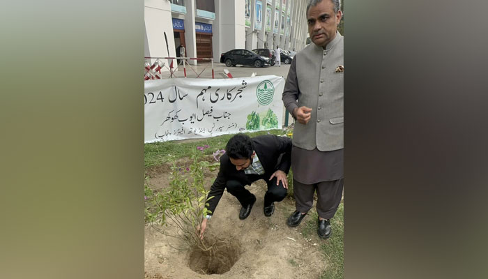 Punjab Minister for Youth Affairs Malik Faisal Ayub Khokhar plants a sapling at the National Hockey Stadium in connection with the ‘Plant for Pakistan’ drive on March 21, 2024. — Facebook/Faisal Ayub Khokhar