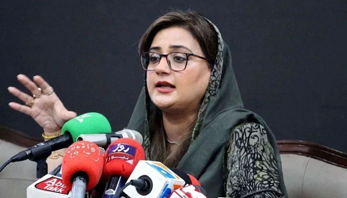 Minister for Information Azma Bukhari addresses to media persons during a press conference in Lahore. — PPI/File