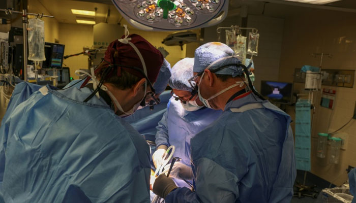 Surgeons at Massachusetts General Hospital performing the worlds pig kidney transplant into a living human.—AFP/File
