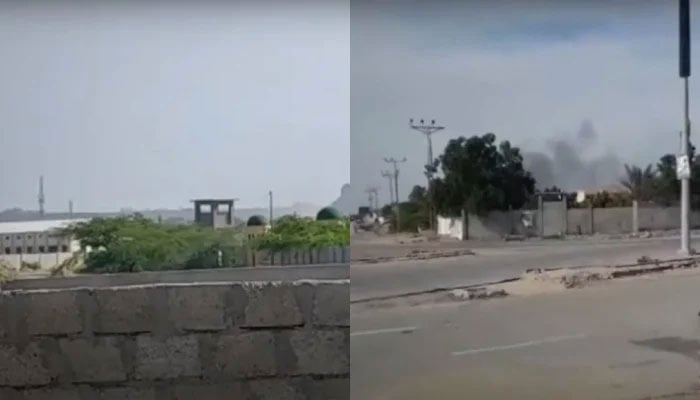 Smoke rises after firing, and explosions following outlawed BLA attack on Gwadar Port Authority (GPA) Complex in these stills taken from a video. — Geo News/File