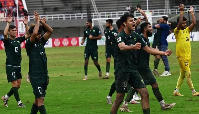 Pakistans players celebrate their win over Cambodia at the Jinnah Sports Stadium in Islamabad — AFP/File
