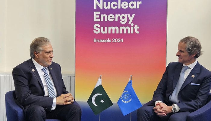 Pakistan Foreign Minister Ishaq Dar (left) meets International Atomic Energy Agency Director General Rafael M Grossi on the sidelines of the Nuclear Energy Summit in Brussels on March 21, 2024. — Ministry of Foreign Affairs