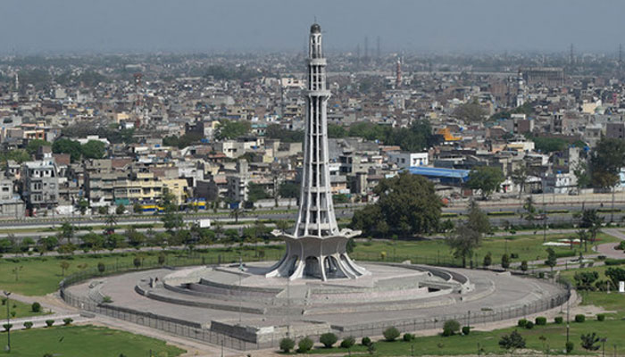 A general view of Minar-e-Pakistan, a national monument in Iqbal Park is seen in Lahore, Pakistan on April 10, 2020. — AFP/File