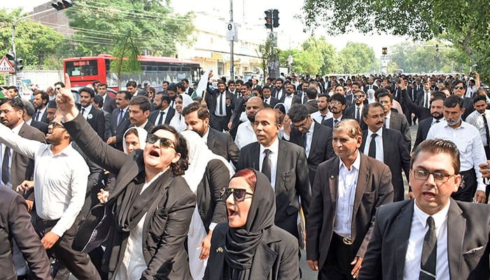 Lawyers protesting in Lahore, on September 21, 2023. — Online