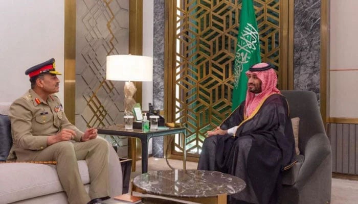 Chief of Army Staff (COAS) General Syed Asim Munir and Prince Mohammad Bin Salman can be seen during an official meeting on March 20, 2024. — ISPR
