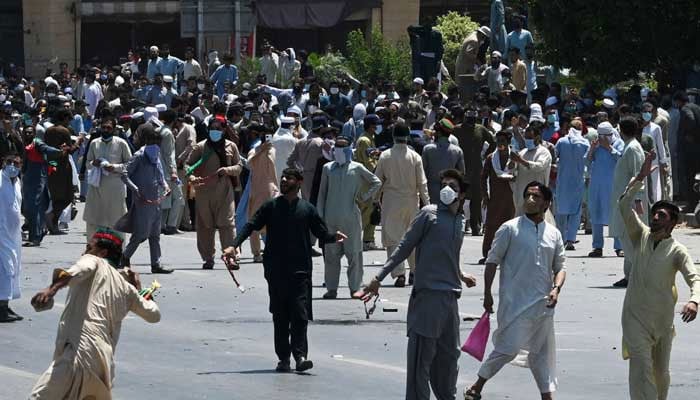 An agitated crowd protesting in Peshawar, Khyber Pakhtunkhwa. — AFP/File