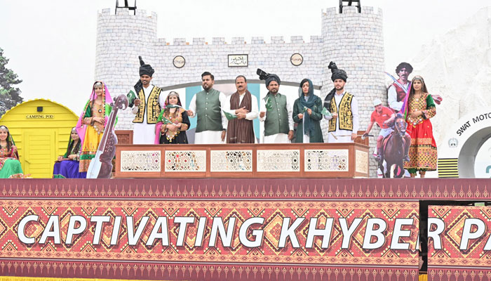 The float of Khyber Pakhtunkhwa showcases the culture of the province participates in Pakistan Day 2024 parade ceremony, at Shakarparian Parade Ground in Islamabad on March 23, 2024. — APP