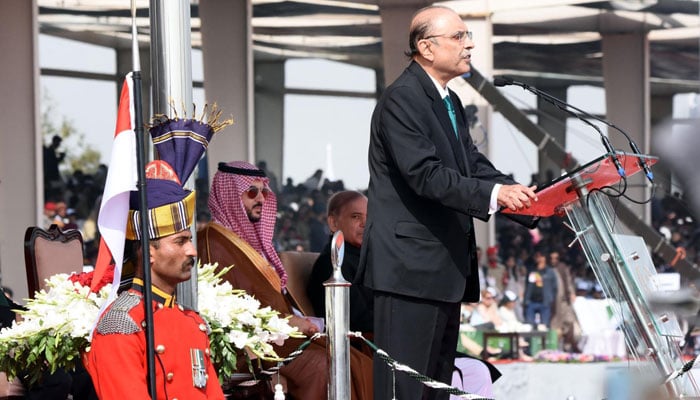President Asif Ali Zardari addressing the Pakistan Day Parade ceremony, at Shakarparian Parade Ground, Islamabad on March 23, 2024. — PID
