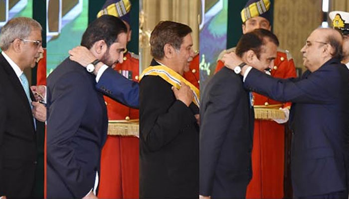 President Asif Ali Zardari conferring the insignias of Pakistan Civil Awards upon Pakistani citizens during the Presidential Investiture Ceremony, at Aiwan-e-Sadr on March 23, 2024. — PID